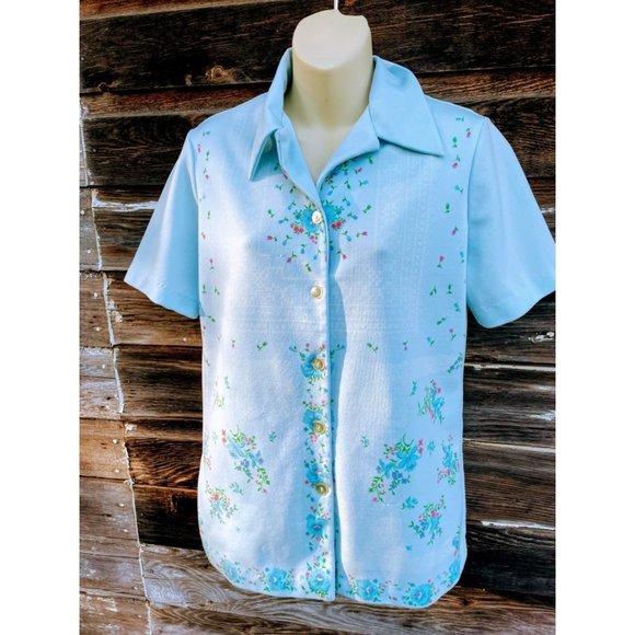 Vintage MOD 1970s Smartique Hippy BlueFloral Ladies Shirt - Picture 1 of 12